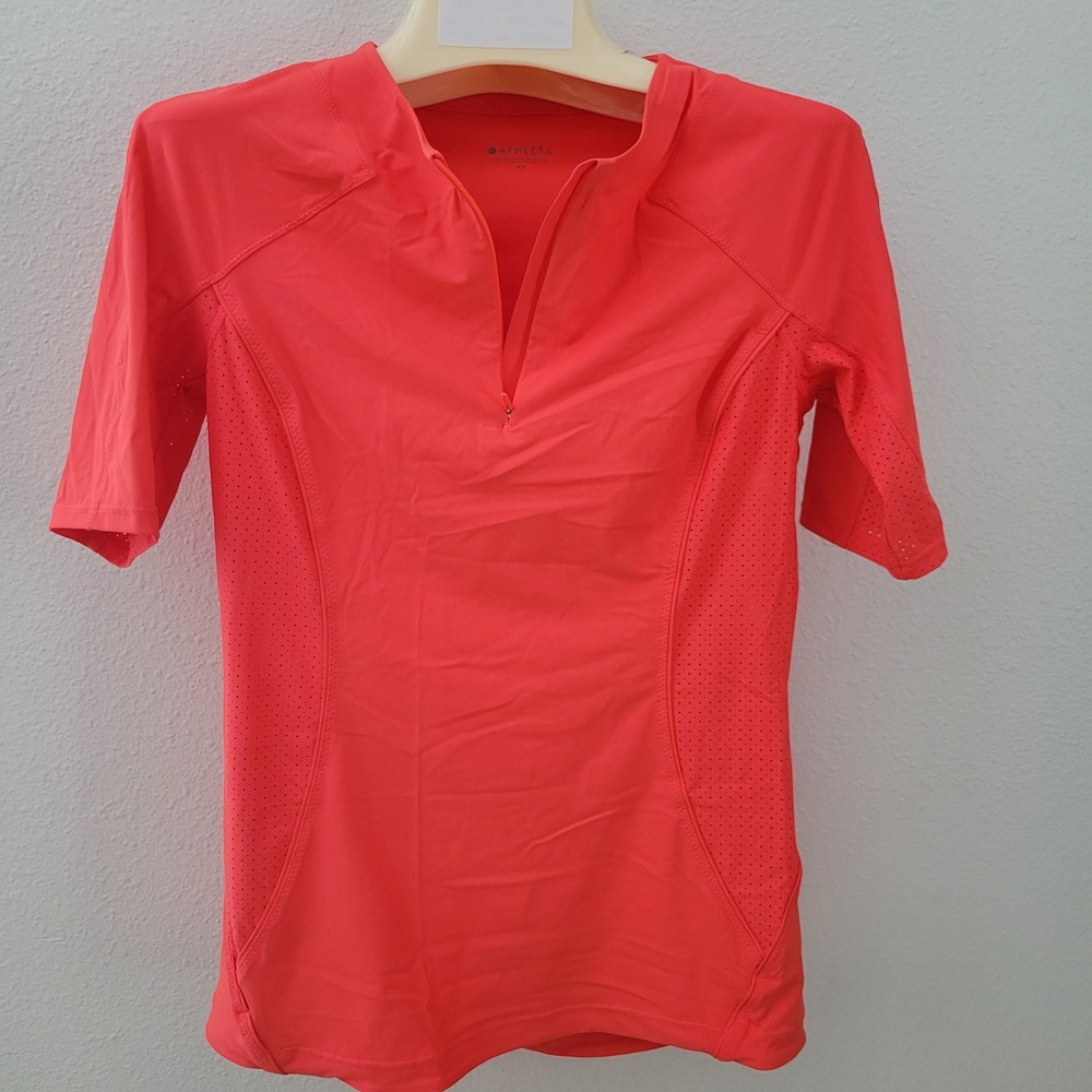 Athleta Pacifica II Tee Womens XS Coral Orange Quarter Zip Perforated Top